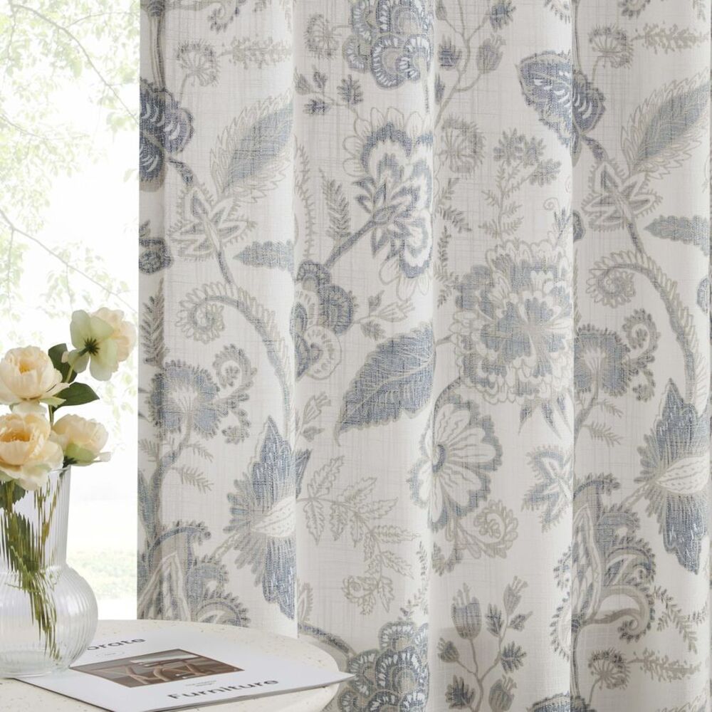 Floral Curtains Blue Tan 84” Back Tab Rod Pocket 2 Panels Boho Farmhouse